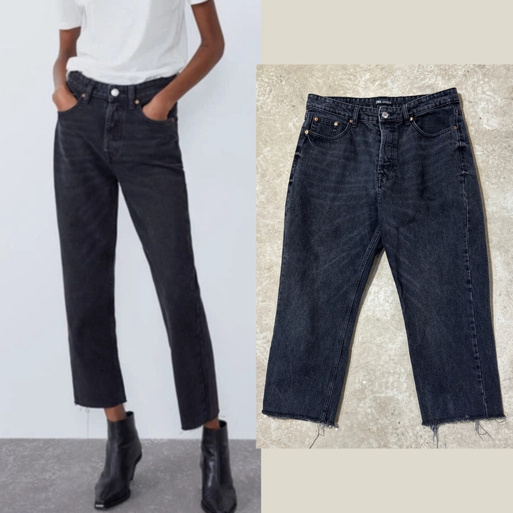 Zara Black Jeans Women’s Size 12 High Rise Straight Raw Hem Button Fly Cropped
